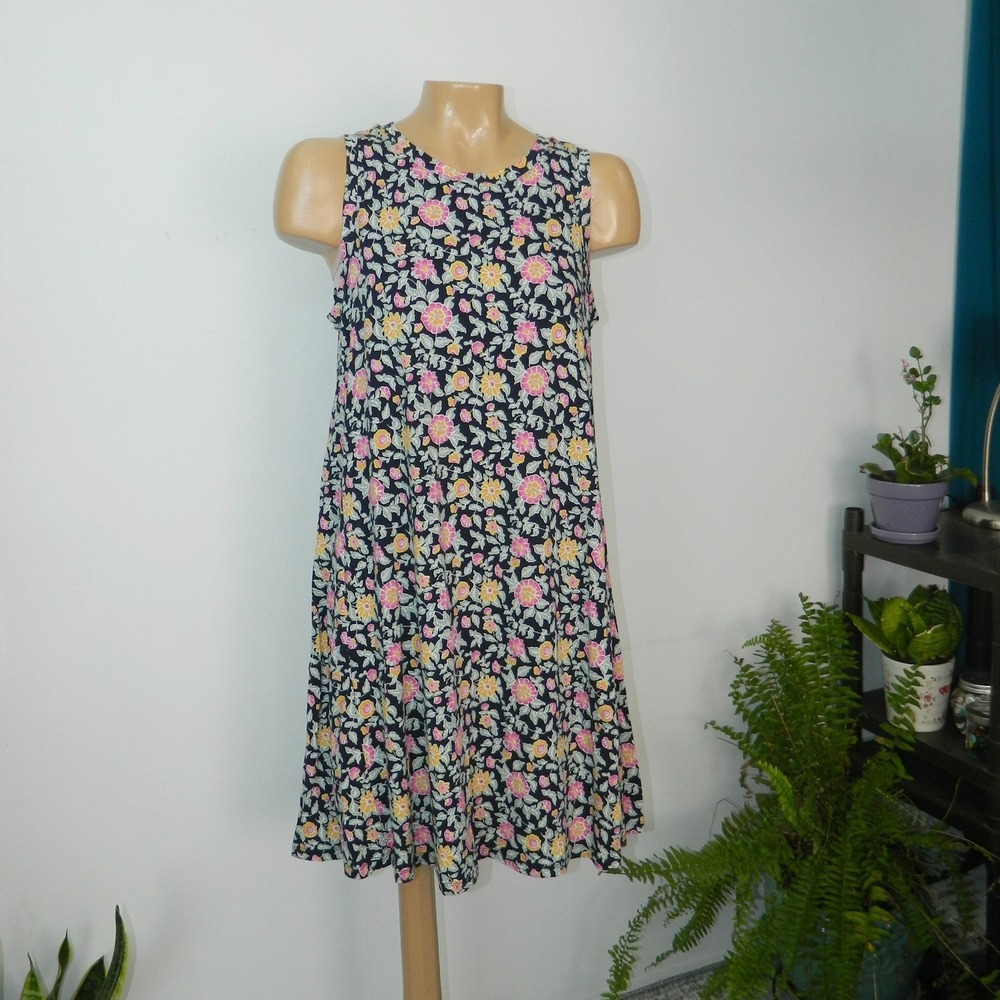 Loft Outlet Floral Swing Dress Womens Medium Navy Pink Sleeveless A-Line